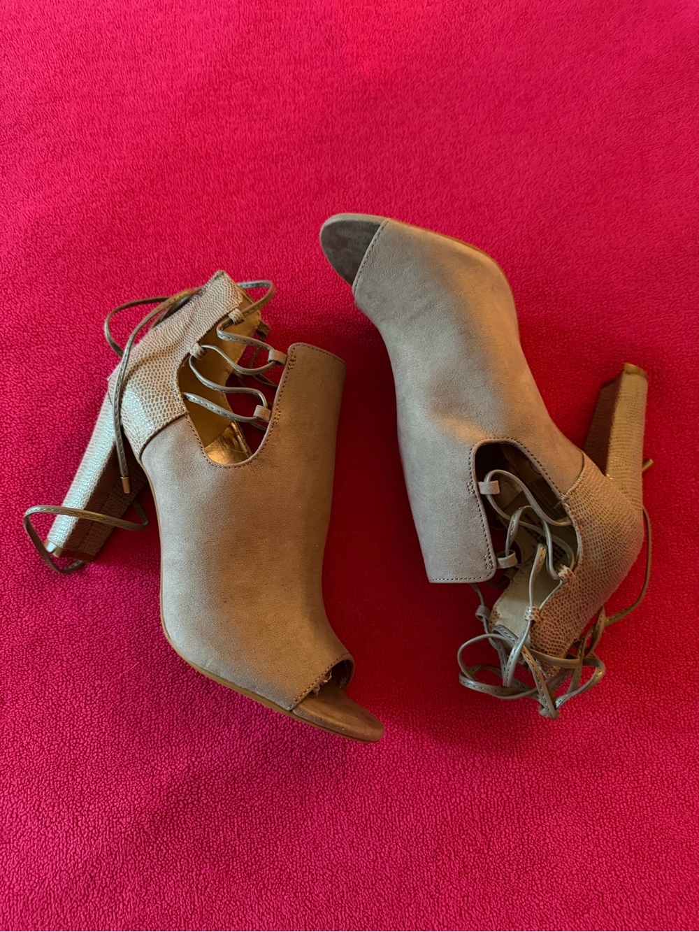 Women’s Lace Up Peep Toe Block Heel Taupe Booties